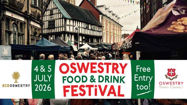 Poster, with Oswestry Town centre in the background.