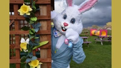human rabbit revealing his presence, brandishing eggs