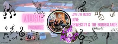 Image shows folk musicians playing at the stonehouse brewery, the background faded to show fork fest. Music notes and text that reads Music and Love Live Music? Love Oswestry
