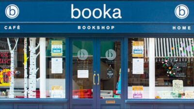 Book shop front with illustrated windows